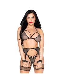leg avenue - 89362 set top + tanga + liguero + esposas negro - talla Única