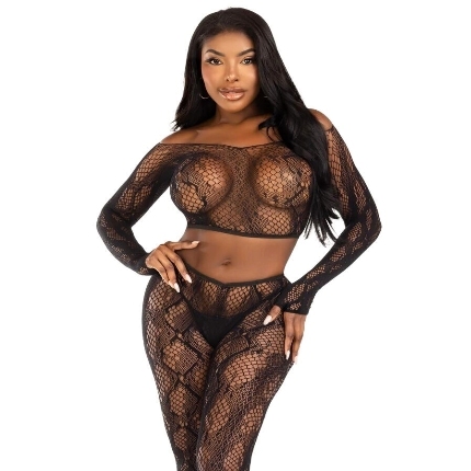 Leg Avenue - 89373 Python Crop Top & Footless Tights Black - One Size