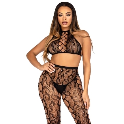Leg Avenue - 89372 Crop Top Y Medias Sin Entrepierna Negro - Talla Única