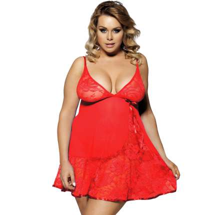 Babydoll Floral Renda Macia Vermelho Tamanho Grande,1603500