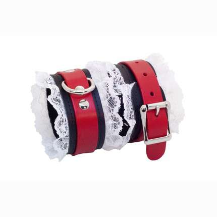 Cuffs in Red Leather with White Lace 3323827