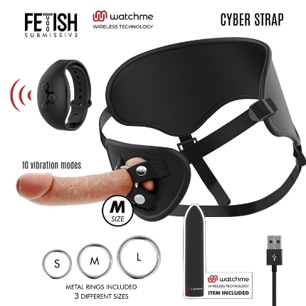 FETISH SUBMISSIVE CYBER STRAP - HARNESS WITH DILDO AND BULLET REMOTE CONTROL WATCHME M TECHNOLOGY D-229273