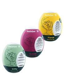 SATISFYER - 3 HUEVOS MASTURBADORES RIFFLE, BUBBLE FIERCE