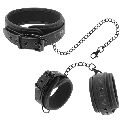 fetish submissive - vegan leather necklace and handcuffs with noprene lining D-218911