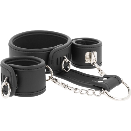 fetish submissive - vegan leather necklace and handcuffs with noprene lining D-218913