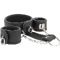 fetish submissive - vegan leather necklace and handcuffs with noprene lining