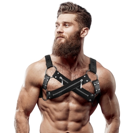 fetish submissive attitude - adjustable neoprene cross-over chest bulldog harness with zippers for men D-235863