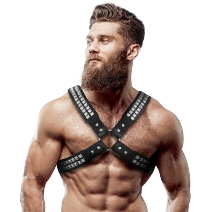 fetish submissive attitude - men's crossed chest eco-leather harness with rivets D-235865