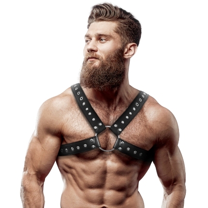 fetish submissive attitude - men's cross-over eco-leather chest harness with studs D-235867