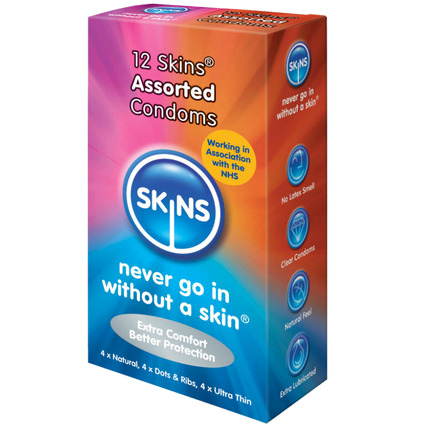 skins - preservativos natural + fino + puntos estrias 12 uds