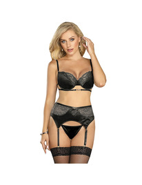 subblime - set de 3 piezas sujetador + tanga + liga encaje negro s/m
