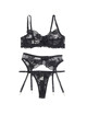 subblime - set de 3 piezas sujetador + tanga + liga estampado floral negro s/m