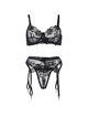 subblime - set de 3 piezas sujetador + tanga + liga estampado floral negro s/m