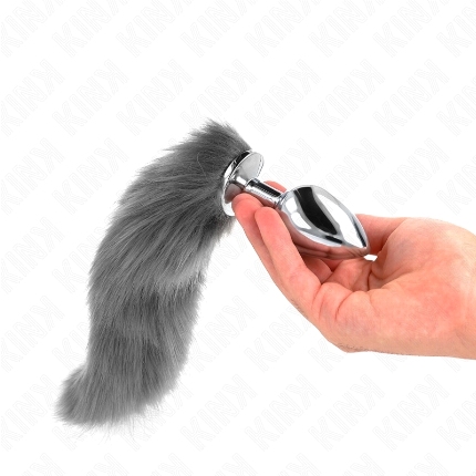 kink - anal plug size l 10 x 4 cm with synthetic tail 40 cm grey and white