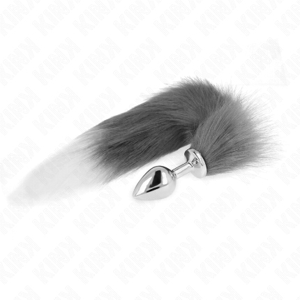 kink - anal plug size m 8 x 3.5 cm with synthetic tail 40 cm grey and white