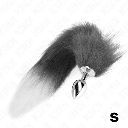 kink - anal plug size s 7 x 3 cm with synthetic tail 40 cm grey and white