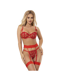 subblime - 954321 heart print bra + thong + garter belt red s/m