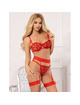 subblime - 954338 heart print bra + thong + garter belt red l/xl