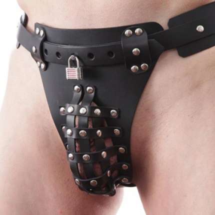 Chastity belt Men's Leather with Harness for Plug Anal 143010