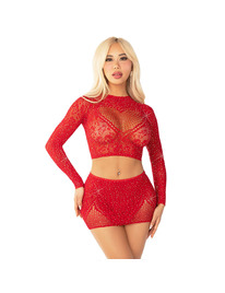 leg avenue - top + falda de rejilla con brillantes rojo