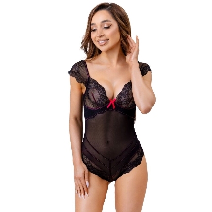 Body Corsetti Evelyn com Renda e Transparência Preto