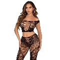 leg avenue - crop top y legging de rejilla con hombros descubiertos negro